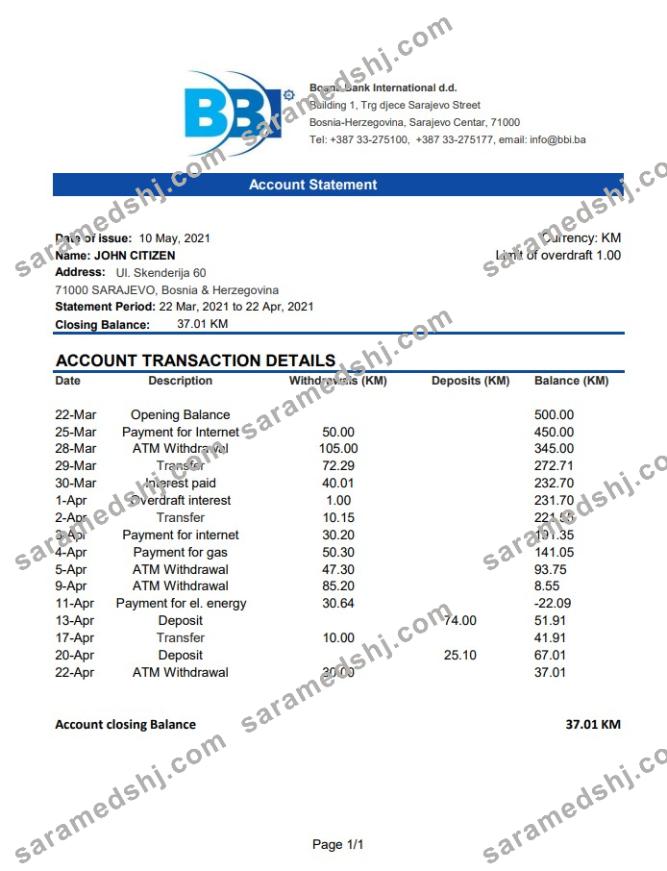 Bosnia and Herzegovina Bosna Bank International bank statement easy to fill template in Excel and PDF format (AutoSum)